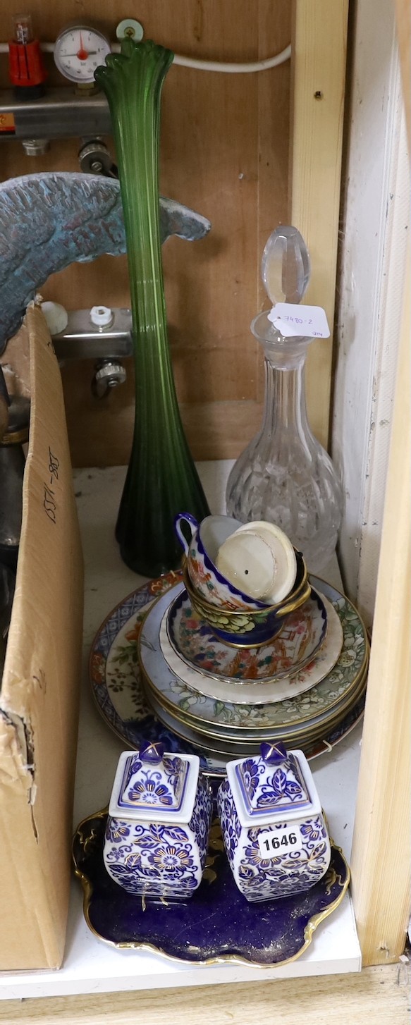 A selection of various ceramics, to include a blue gilt Limoges dish, a Chinese export dish, a glass decanter, an Art glass vase, etc.